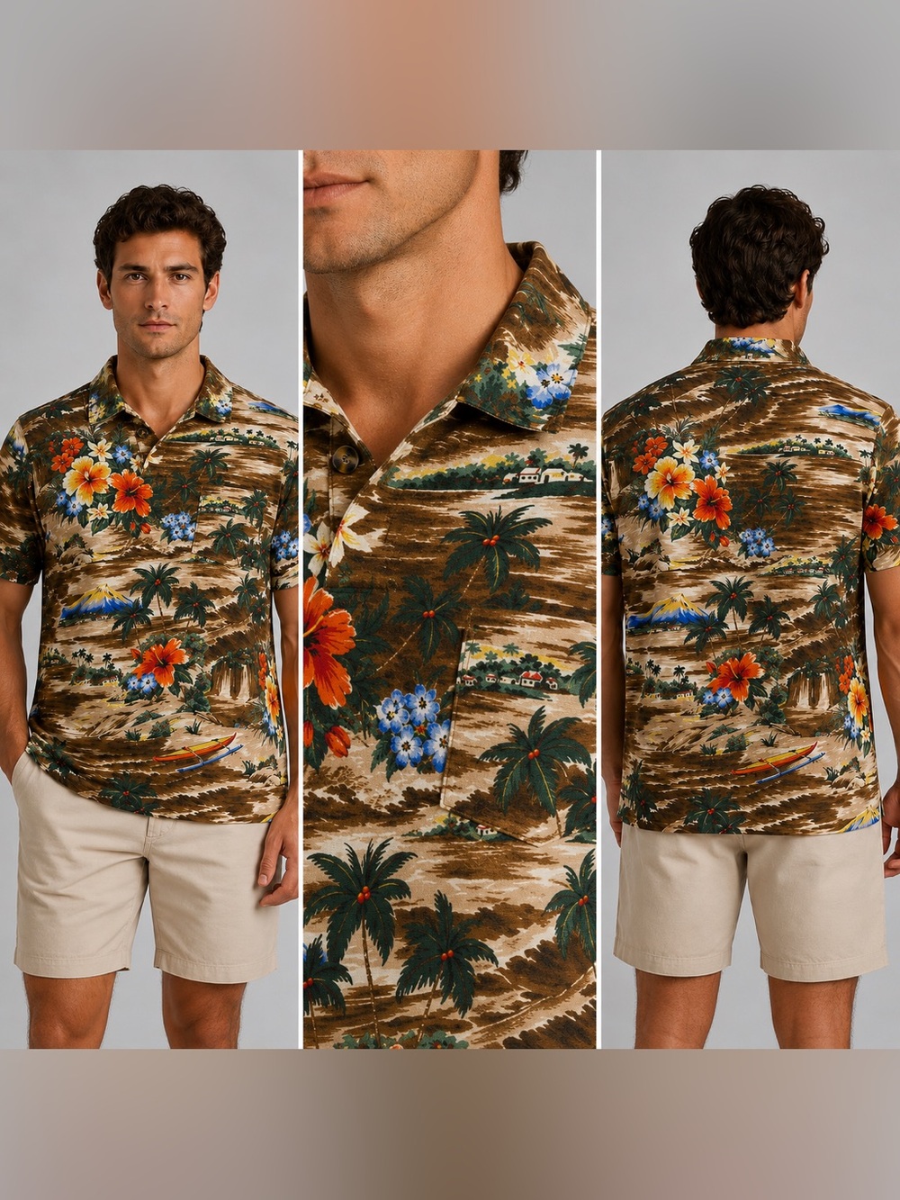 Polo Ralph Lauren Brown Hawaiian Floral Beach Classic Fit Linen Blend Polo - XS